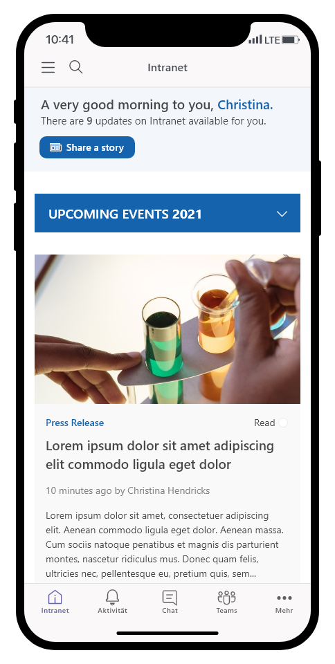 Mobile Version der Intranet Startseite mit Navigation, Suche, Begrüßung, kommenden Veranstaltungen und Newsbeiträgen.